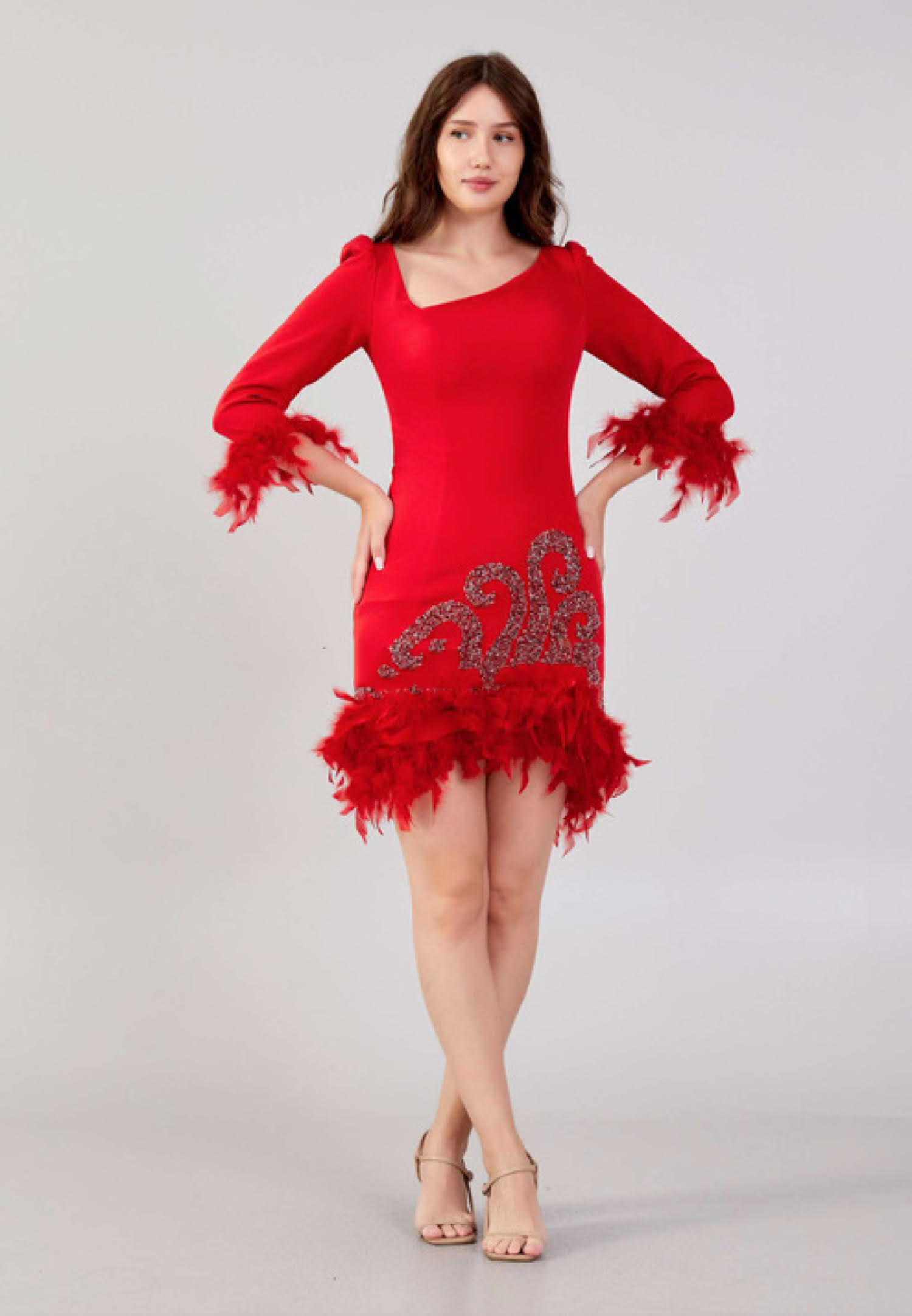Red Crepe Long Sleeve Mini Evening Dress