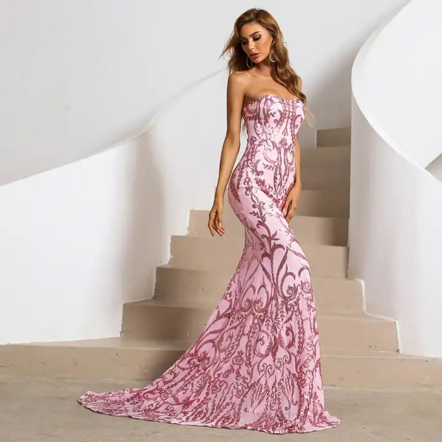 Off-Shoulder Pink Sequin Floor Length Wedding Dress