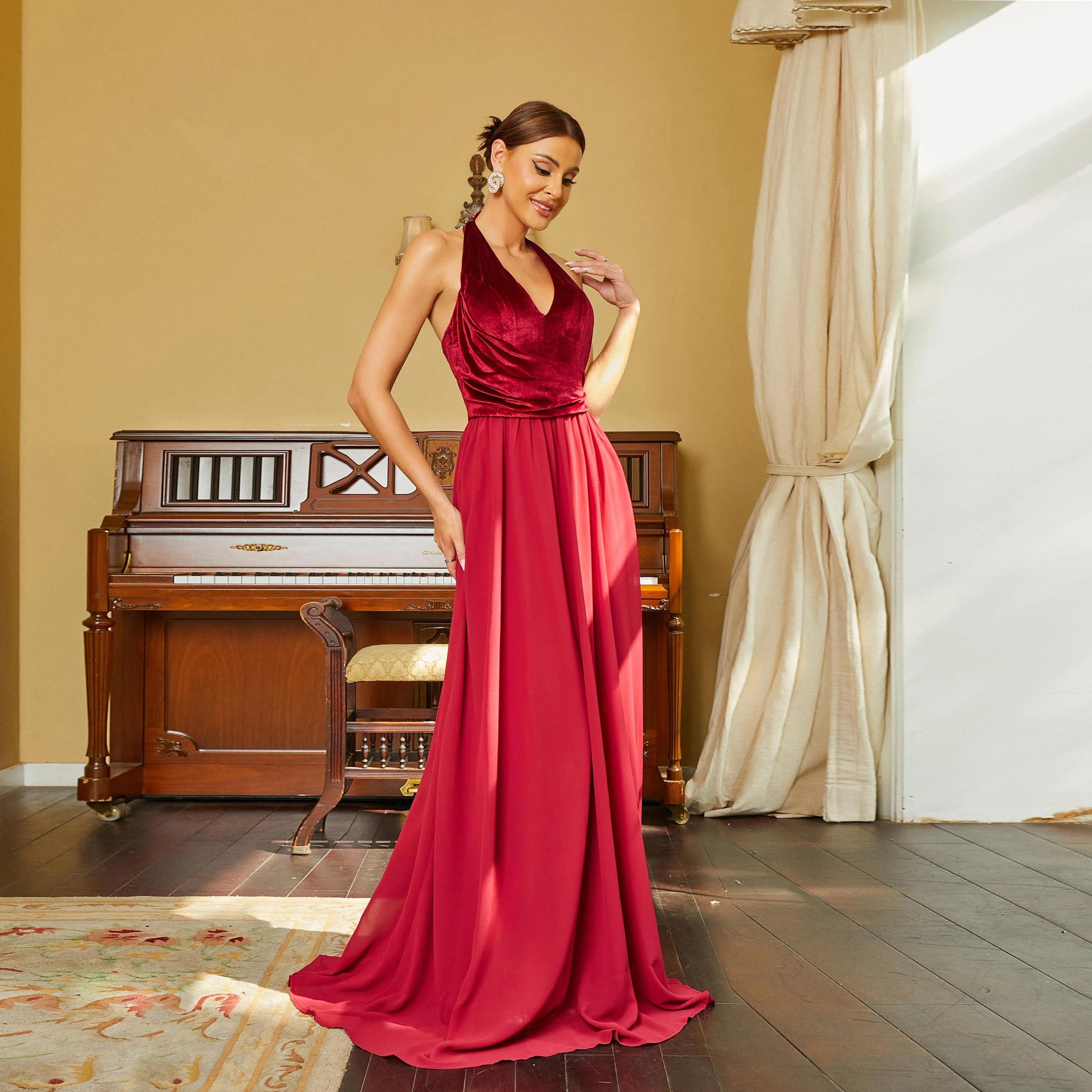 V Neck wine A Line Length Teenagers Ball Gown